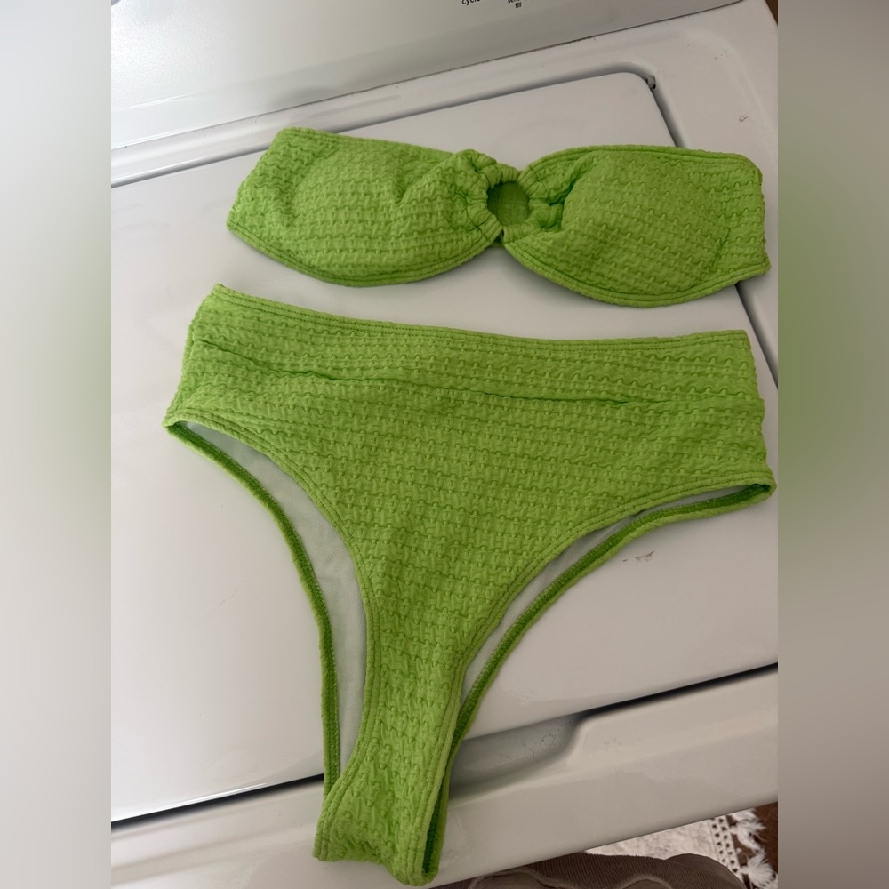 Shein Lime Green Textured Bandeau Bikini Set